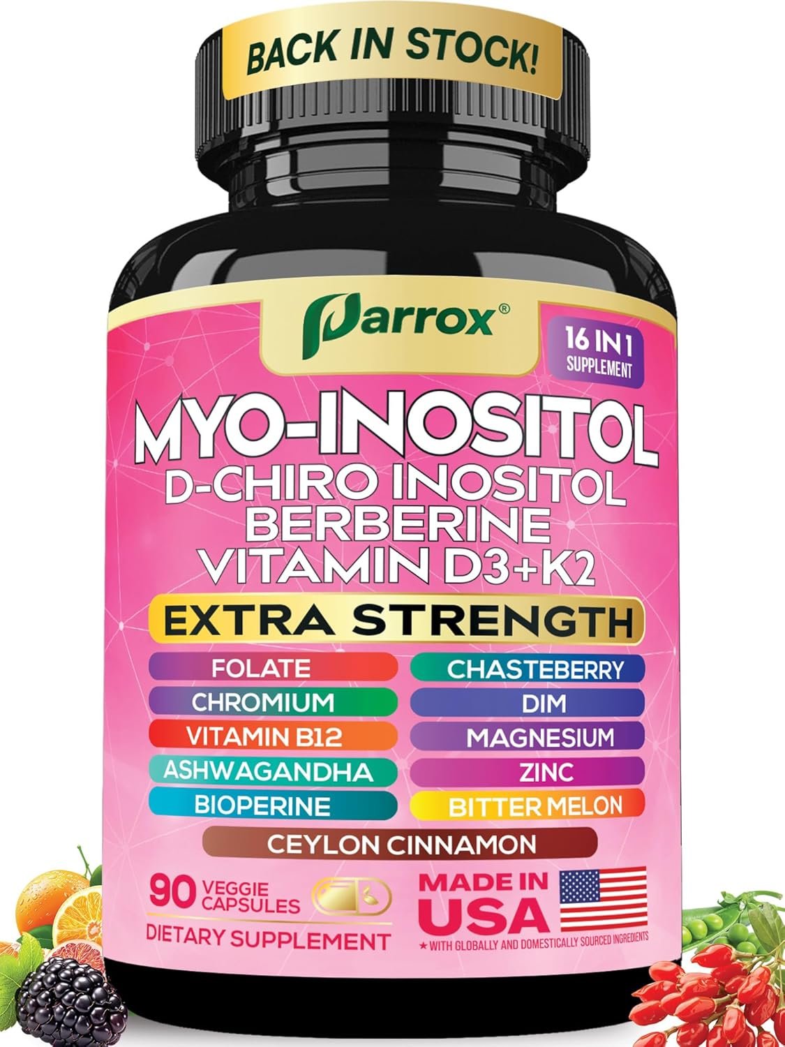 Myo Inositol Supplement, D-Chiro Inositol, Folate, DIM, Vitamin D3, B12, K2, Chromium, Bioperine, Ceylon Cinnamon, Zinc, Ashwagandha, Chasteberry, Magnesium, Berberine (90 Vegan Capsules)