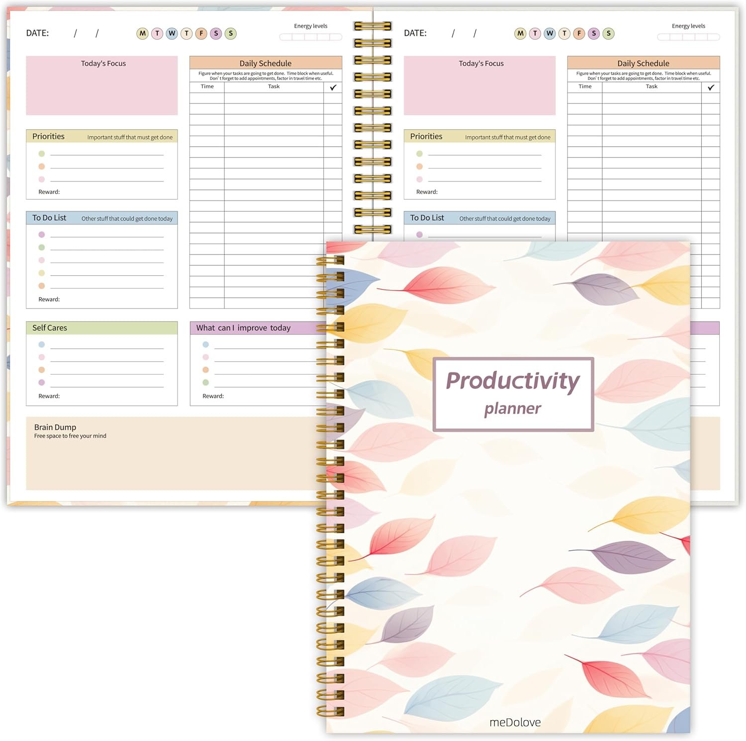 ADHD Planner for Women，Daily Productivity Planner with Task Management Organizer for Neurodivergent Adult,Teens , Self-Cares, Daily Schedule,To-Do List,Brain Dump,ADHD Journal with Cardboard Cover to Stay Organized and Focused (Colorful Leaves)