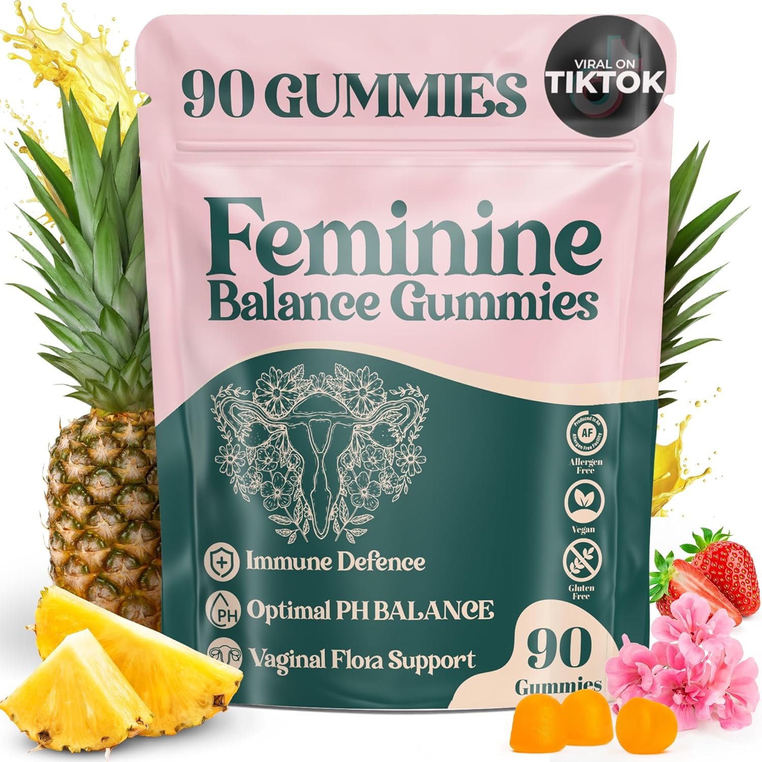 Premium Feminine Balance Gummies – for Women’s Health & Wellness – Immune Support – Vegan, Gluten-Free – Hawaiian Pineapple – 90 Gummies – 45 Servings