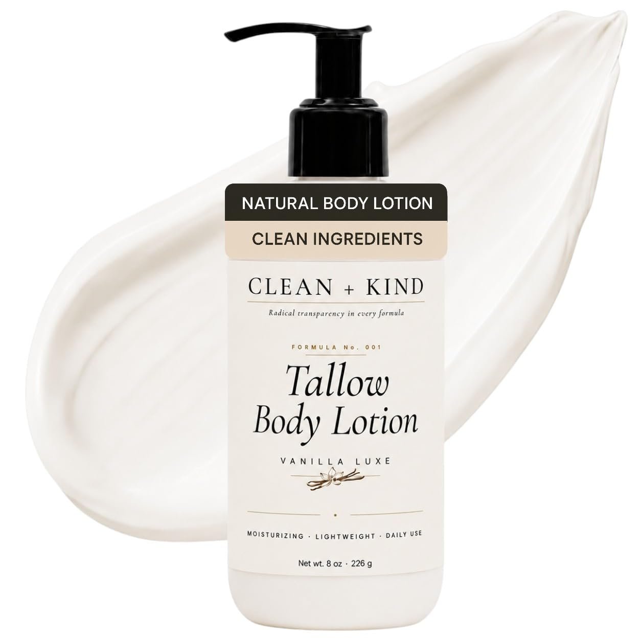 Vanilla Tallow Body Lotion — Hydrating Non-Toxic Natural Body Moisturizer & Cream, Grass-Fed Beef, Organic Shea, Jojoba, Coconut MCT & Aloe for Dry Sensitive Skin (8 oz)