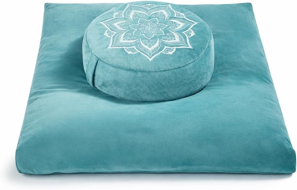 Meditation Zafu Cushion Set with Buckwheat Hulls & Memory Foam – Ergonomic Support for Yoga & Sitting – Removable Machine-Washable Luxury Velvet Cover – for Adults and Kids (Green)