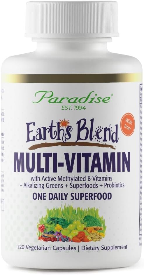 Paradise Herbs Earth’s Blend Once Daily Multivitamin with Iron, 48 Organic Superfoods, Probiotics, Antioxidants, Vitamins A, B12, C, D, K2, 120 Capsules