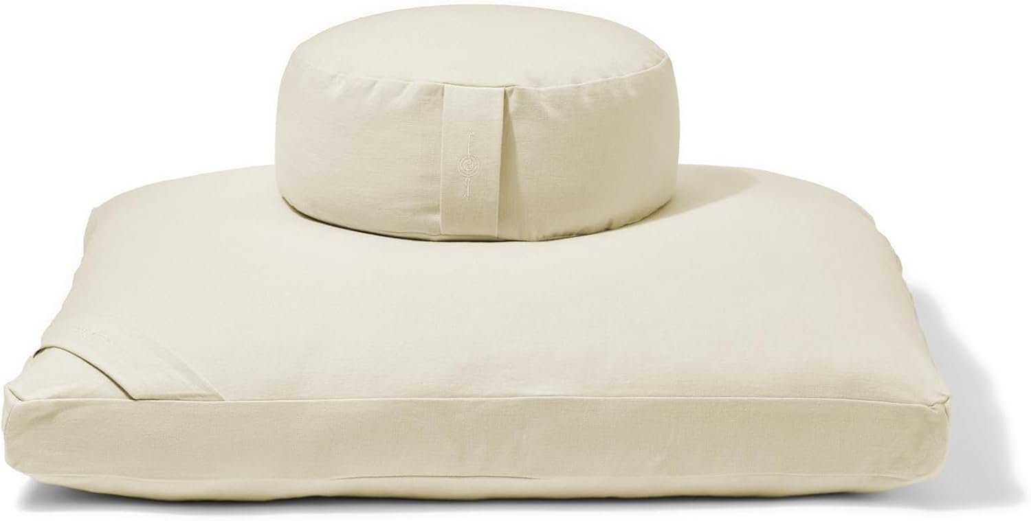Meditation Cushion Set by renoo – Durable Comfortable Organic Cotton, Linen, Hemp – Modern Zafu Zabuton – Buckwheat Kapok Filled Floor Pillow Yoga Bolster in 15 Colors Washable Cover
