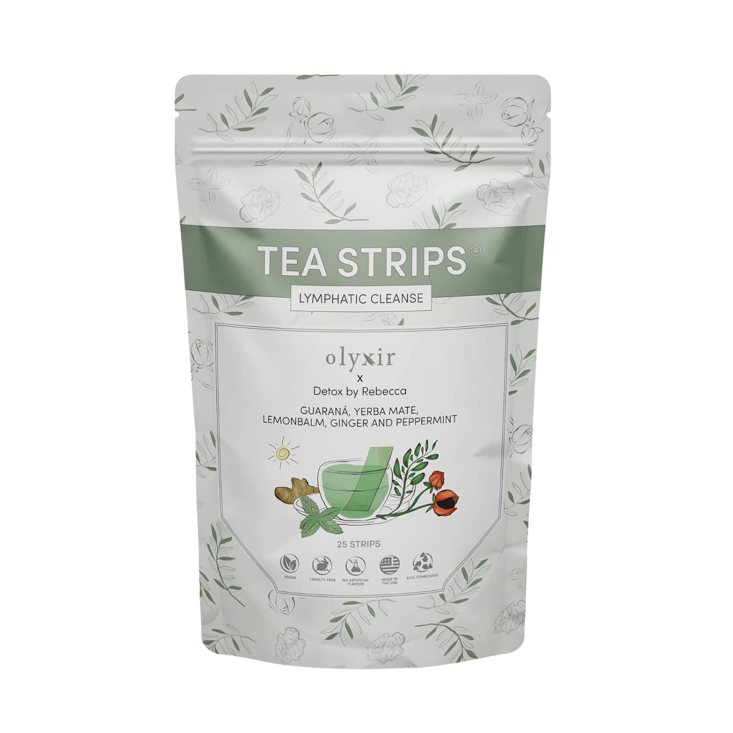 Olyxir x Detox By Rebecca Tea Strips – Guarana, Yerba Mate, Lemonbalm, Ginger & Peppermint Flavor Instant, Organic, Non-GMO | 25 Ct (Lymphatic Cleanse)