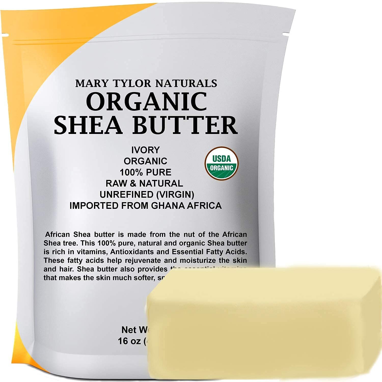 Mary Tylor Naturals Organic Shea Butter 1 lb — USDA Certified Raw, Unrefined, Ivory From Ghana Africa — Great for Hair, Skin and all your DIY Projects