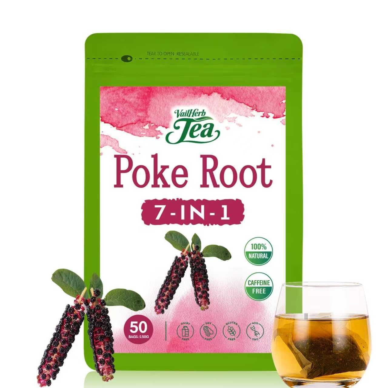 VailHerbTea Lymphatic Drainage Poke Root Extract Tea -50 Bags, Herbal Tea for Lymph System & Immune Support, Natural Formula w/Cleavers Red Clover for Detox Cleanse – Caffeine-Free, Mild Taste Tea.