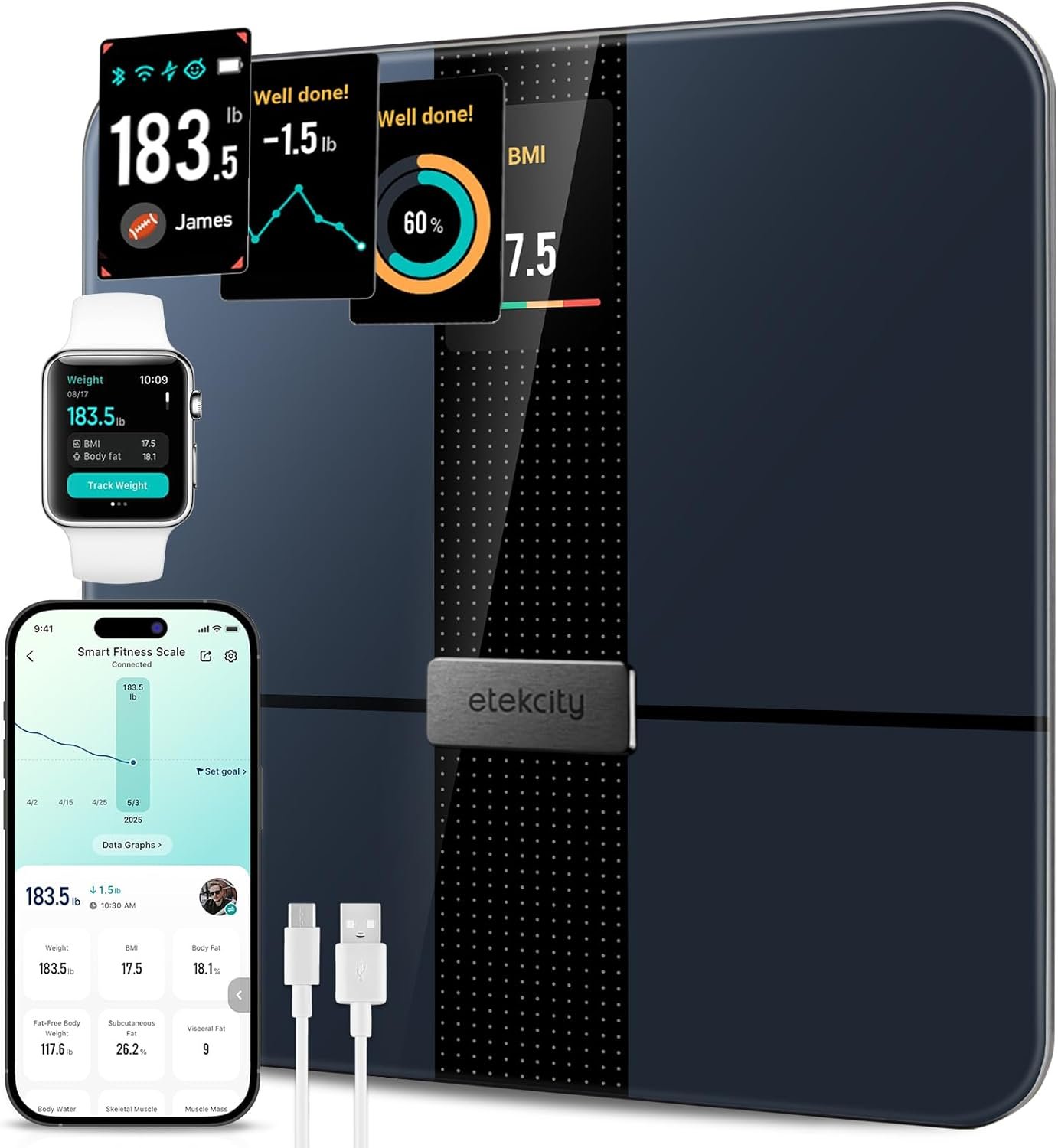 Etekcity FSA&HSA Eligible Smart Scale for Body Weight Fat, Digital Weighing Machine for Accurate BMI Muscle Mass Composition, Apple Health Compatible Fitness Equipment,TFT,‎Tempered Glass,Black