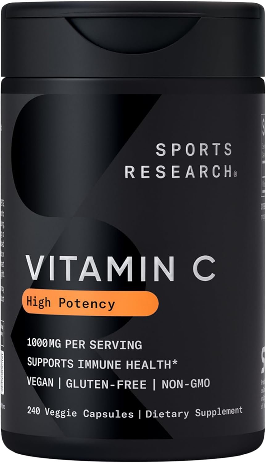 Sports Research High Potency Vitamin C Supplement – Vegan Veggie Capsules for Antioxidant Activity & Immune Support – Non-GMO Verified & Gluten Free – Ascorbic Acid Vitamin C 1000mg, 240 Count