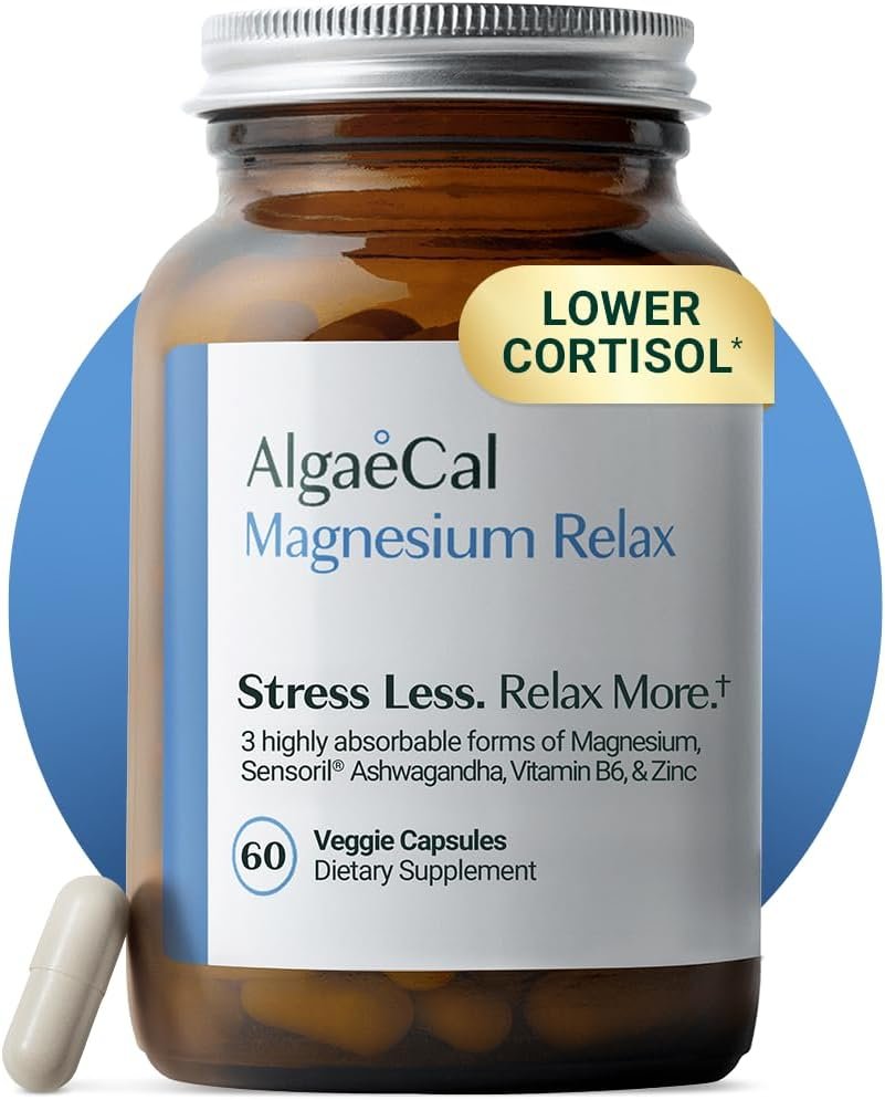 AlgaeCal Magnesium Relax™ – Chelated Magnesium Glycinate 350mg with Sensoril Ashwagandha, Magnesium Supplement for Sleep & Anxiety, Cortisol Reducer for Women & Men, 60 Capsules (1 Pack)