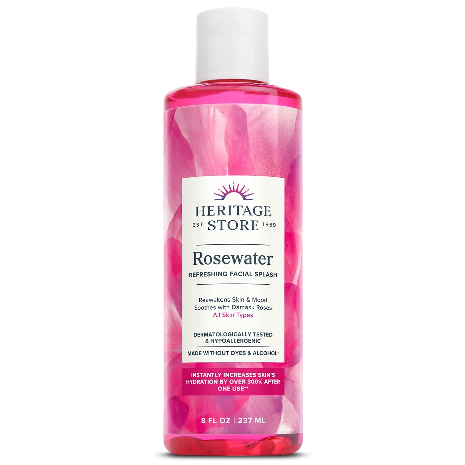 HERITAGE STORE Rosewater – Refreshing Facial Splash for Glowing Skin with Damask Rose – All Skin Types – Rose Water for Face – Made Without Dyes or Alcohol, Hypoallergenic, Vegan, Cruelty Free, 8oz