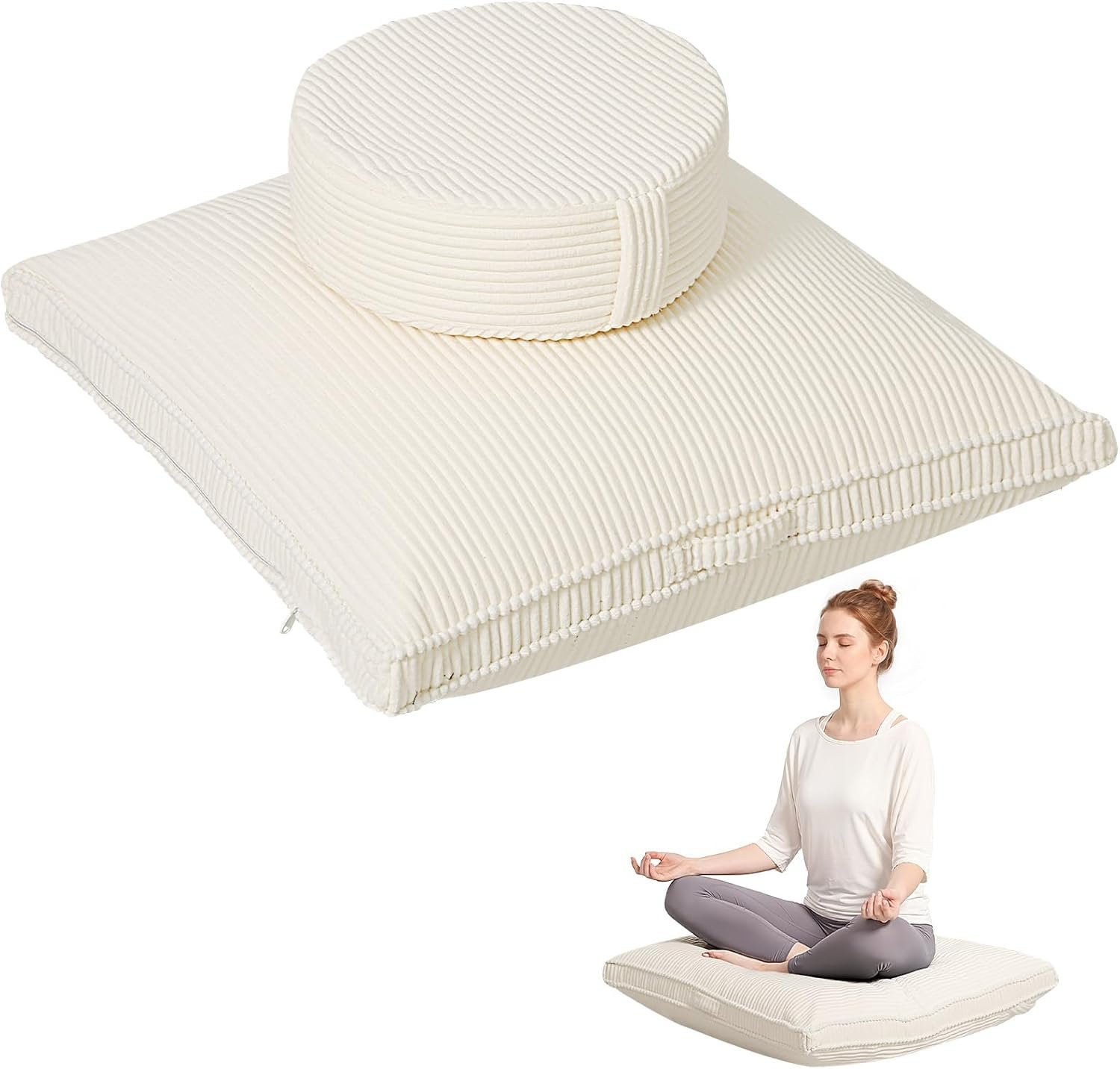 Meditation Cushion Set, Large Meditation Pillow with Ergonomic Support Prayer Pad, Modern Zafu & Zabuton Set to Mindfulness, Yoga, Removable Corduroy Cover, Beige, 32in