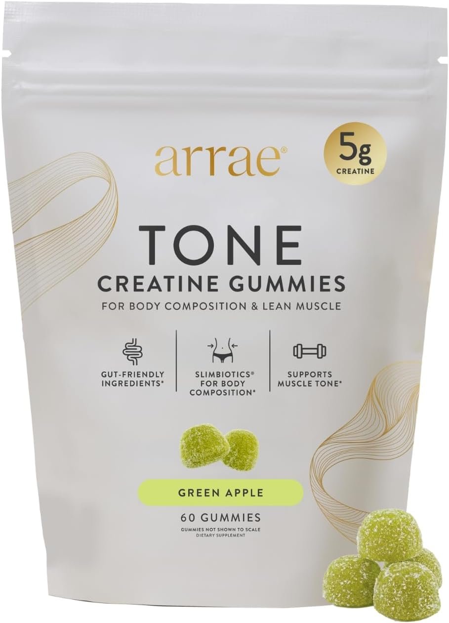 Arrae Tone Gummies – Creatine Monohydrate 5g for Women – Support Lean Muscle, Strength & Recovery – Hormone-Friendly Muscle Toning Supplement – Sour Green Apple Flavor – 60 Count