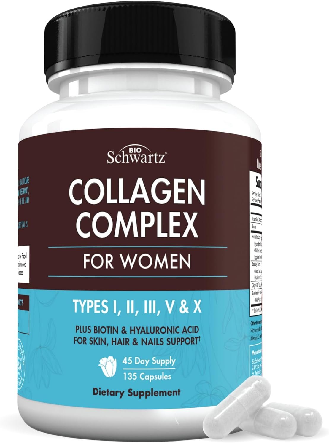 BioSchwartz Hydrolyzed Collagen Peptide Capsules – Multi Collagen Supplements for Women Types I, II, III, V, X with Vitamin C, Biotin, Keratin and Hyaluronic Acid for Skin, Hair & Nails – 135ct
