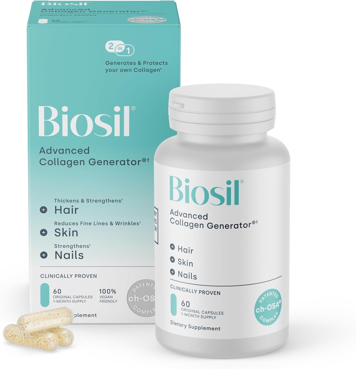 Biosil Collagen Booster Supplement – 60 Original Capsules – Patented ch-OSA Activator for Skin, Hair, Nails & Joints – Supports Natural Production – 30-Day Supply