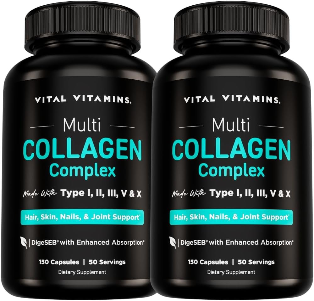 Vital Vitamins Multi Collagen Pills for Women & Men (2-Pack) – Hydrolyzed Collagen Peptides – Type I, II, III, V, X – Grass Fed, Non-GMO