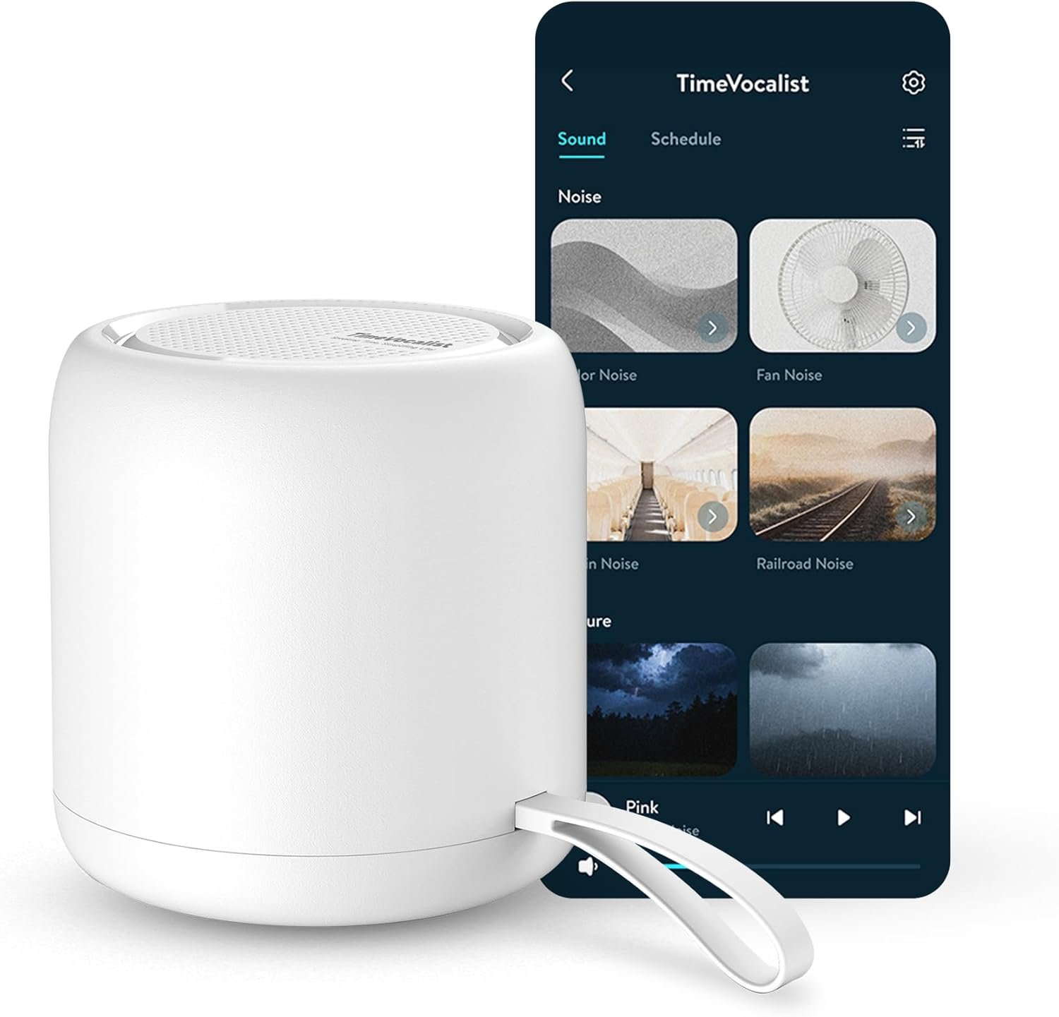 White Noise Sound Machine & Alarm Clock: Color Noises and Custom Soundscapes, App Control, Sleep Schedule, Multiple Alarms, 100 Volume Levels, Built-in Battery