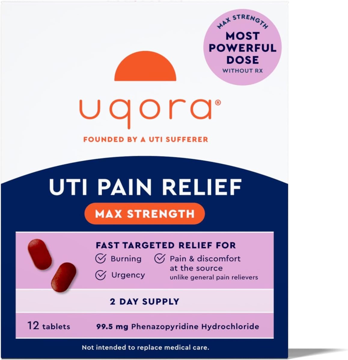 Uqora UTI Pain Relief Max Strength – Maximum OTC Strength Phenazopyridine HCl Tablets – Fast, Targeted Relief for Pain, Burning & Urgency – 12 Tablets