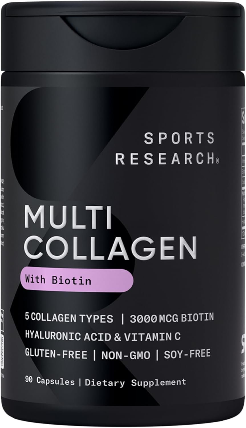 Sports Research® Biotin-Infused Collagen Peptides Complex with Hyaluronic Acid – 5 Multi Collagen Types for Hair, Skin & Joint Support* – Gluten Free · Non-GMO · 90 Capsules
