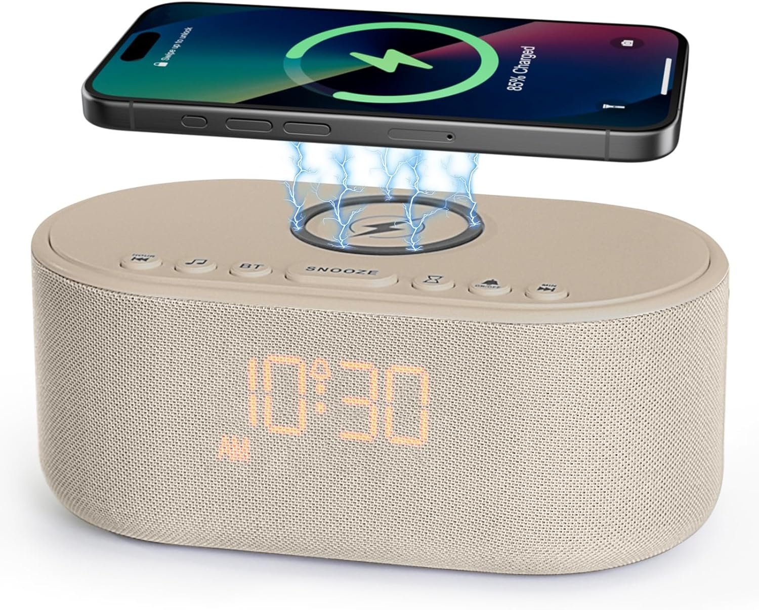 Sound Machine Alarm Clock for Bedrooms: Bluetooth 10W Stereo Sound Speaker with Wireless Charging – White Noise Machine for Sleeping with 21 Soothing Sounds – Putty
