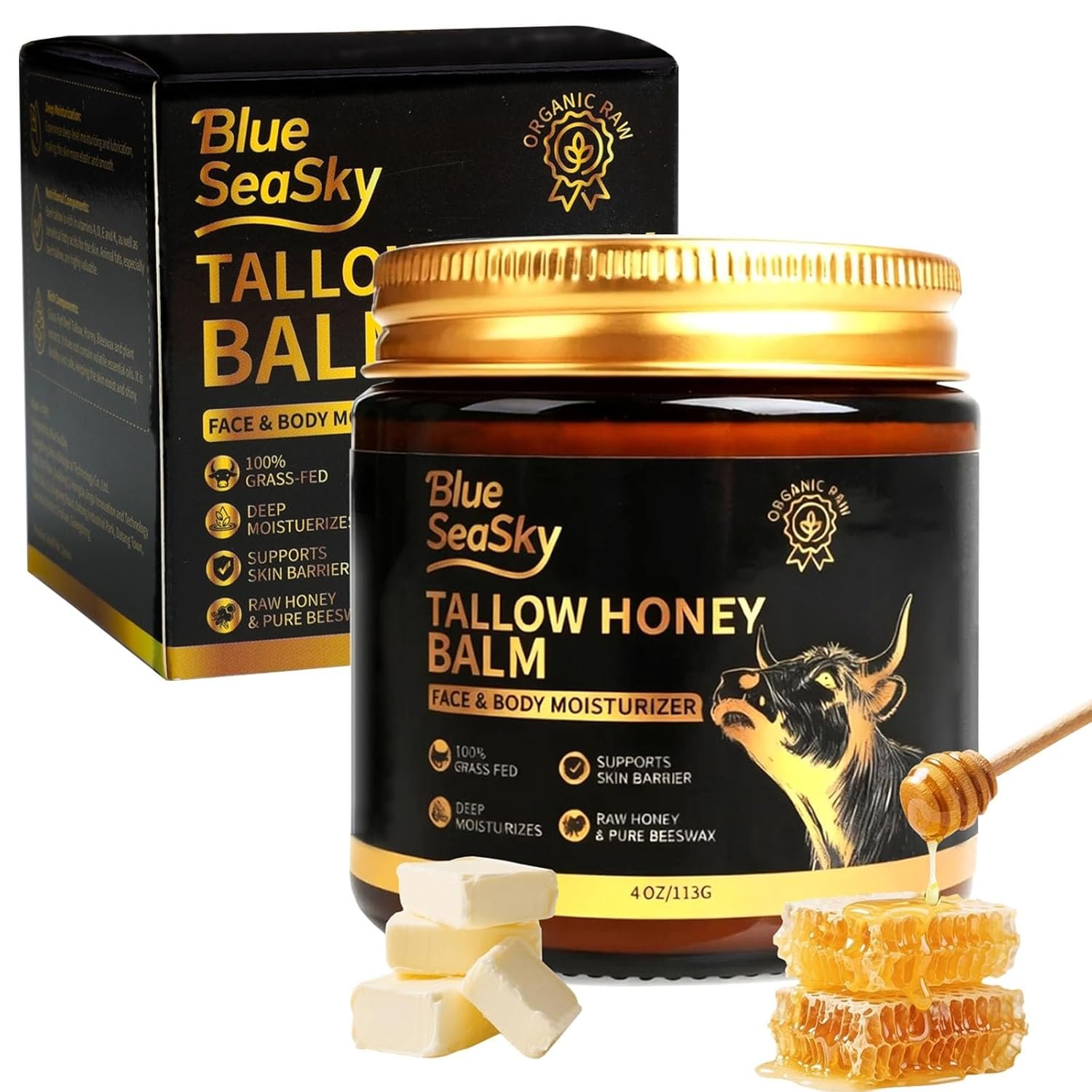 Blue Sea Sky Grass Fed Beef Tallow Balm with Raw Honey for Face & Body – Non-Comedogenic Moisturizer for Dry Sensitive Skin, Helps Soothe Eczema & Redness – Unscented 4oz