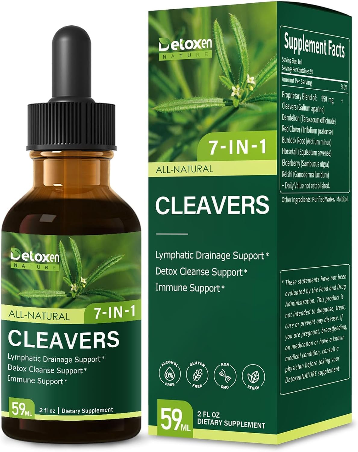 Cleavers Herb Extract Organic Drops for Lymphatic Drainage Support, Detox Cleanse Support with Dandelion Horsetail. Health Herbal Supplements for Immune Support w/Elderberry Reishi.2 oz