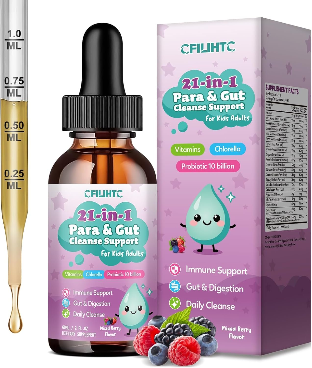 21 in 1 Parasite Cleanse for Humans & Kids, Herbal Gut Cleanse & Detox Support, Wormwood Black Walnut Pumpkin Seed, Probiotics 10 Billion CFU, Digestive & Gut Health Drops – Mixed Berry Flavor 2 Fl Oz