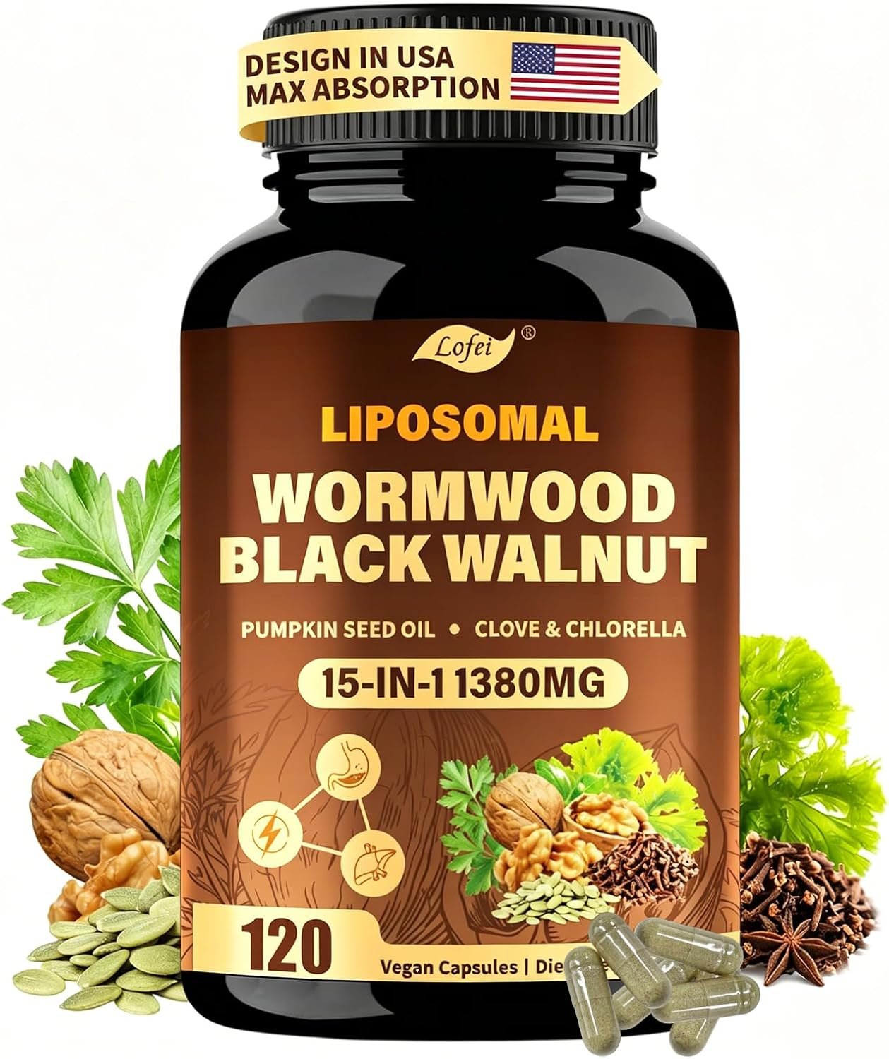 Wormwood Black Walnut Clove Parasite Cleanse for Humans,15-IN-1 Herbal& Digestive Formula,Liposomal Tech High Absorption,with Clove Pumpkin Seed Oil Garlic,Supports Cut Healthe,120 Vegan Capsules