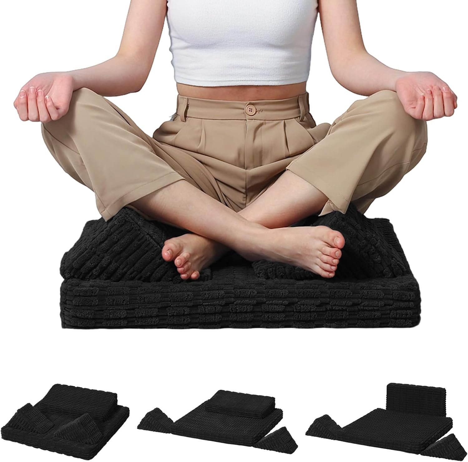 Meditation Cushion Set, Meditation Pillow with 3 Shape, Large Floor Pillow for Adults to Mindfulness, Yoga Pillow with Back&Knee Support, Ergonomic Zafu Mat, Washbale Soft Cover, Ink Black