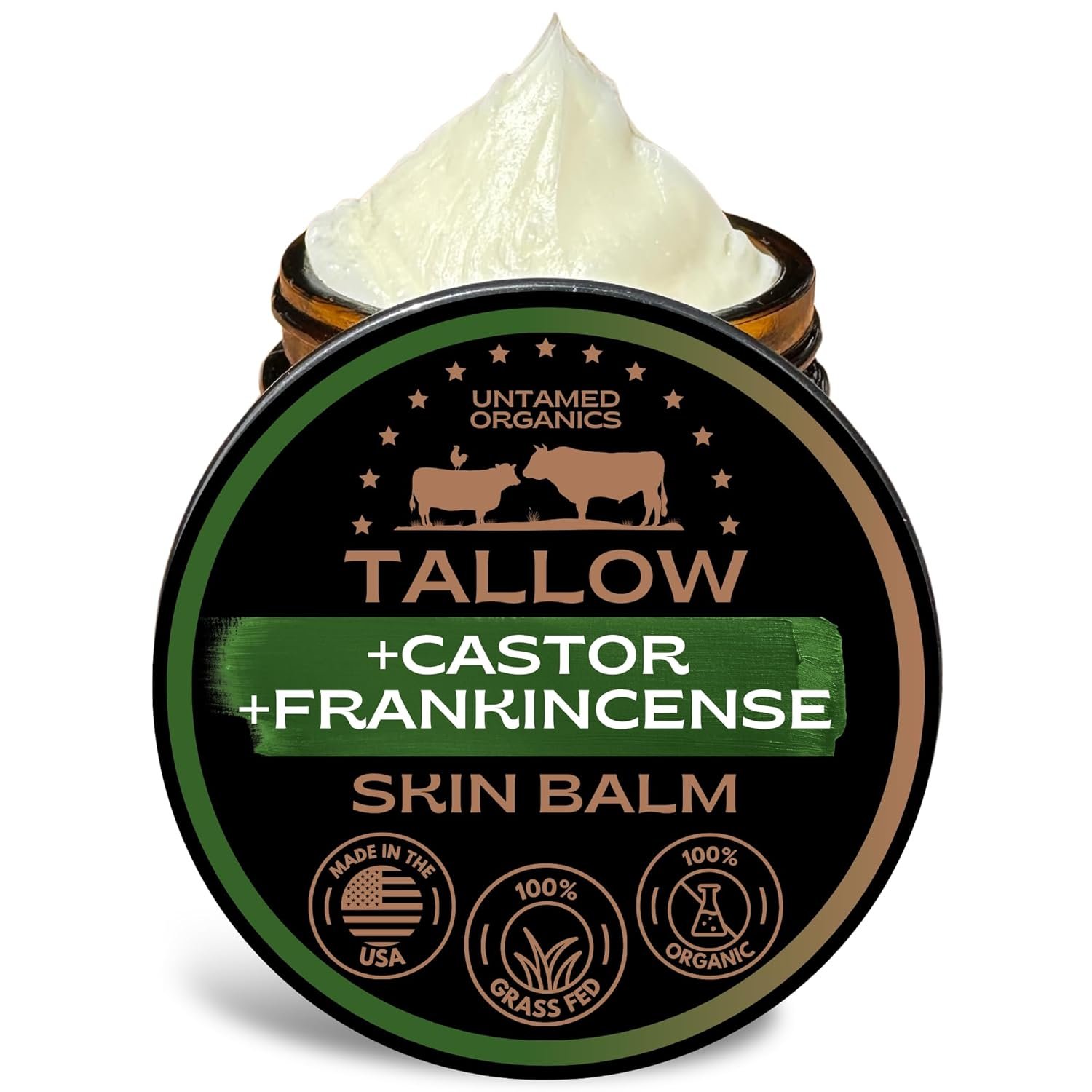 Untamed Organics Handmade Tallow, Castor Oil, and Frankincense Oil Skin Balm – 100% Grass-Fed Tallow for Skin Care – Face & Body Moisturizer for Sensitive Skin, Eczema All-Purpose Balm – 2 FL. oz.