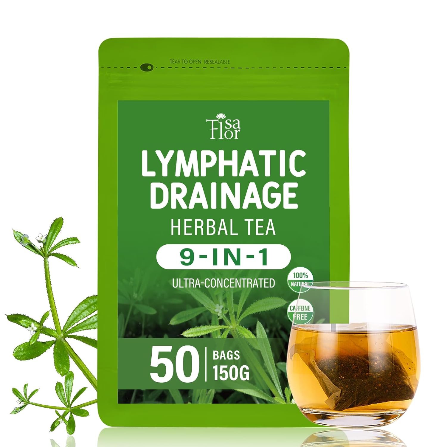 TisaFlor Cleavers Herb Lymphatic Drainage Tea Bags, 50 Counts for Lymph System & Immune Support, 9-in-1 Herbal Blend Tea with Burdock Root Turmeric Elderberry Extracts. Caffeine Free, Vegan, Non-GMO.