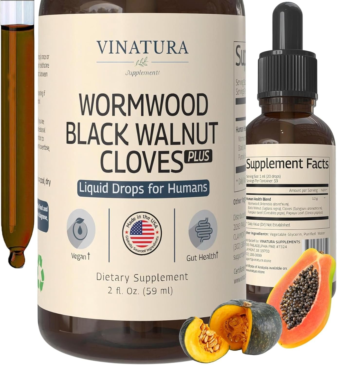 VINATURA Wormwood Black Walnut Cloves Liquid – Cleanse, Detox for Humans with Papaya Leaf and Pumpkin Seed, Intestinal Guard Formula Supplement – 2 fl oz
