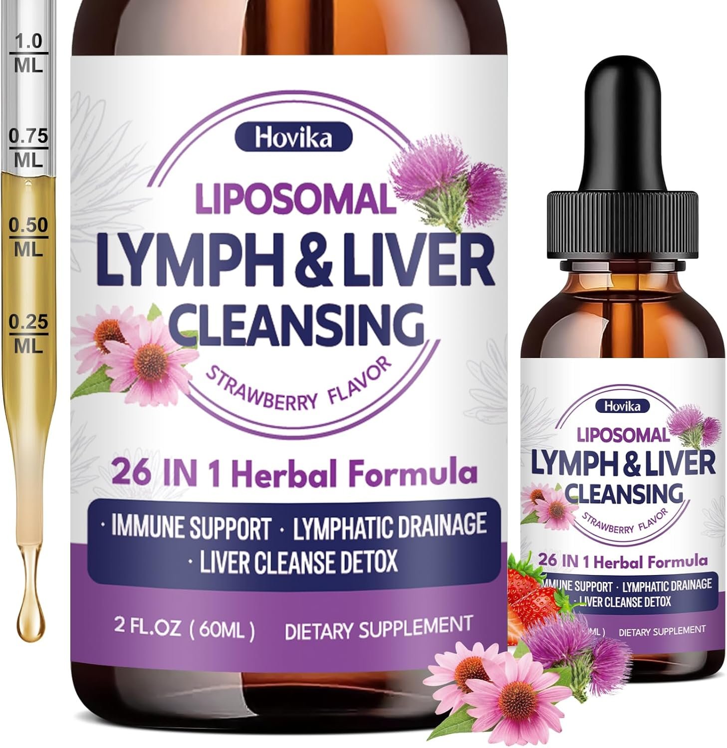 Liposomal Lymphatic Drainage Drops, 26 in 1 Liver Cleanse Detox & Repair with Milk Thistle, Echinacea, Glutathione, Vitamins, Lymph-Liver Cleanse, Gut & Metabolic Health – Strawberry Flavor, 2 Fl Oz