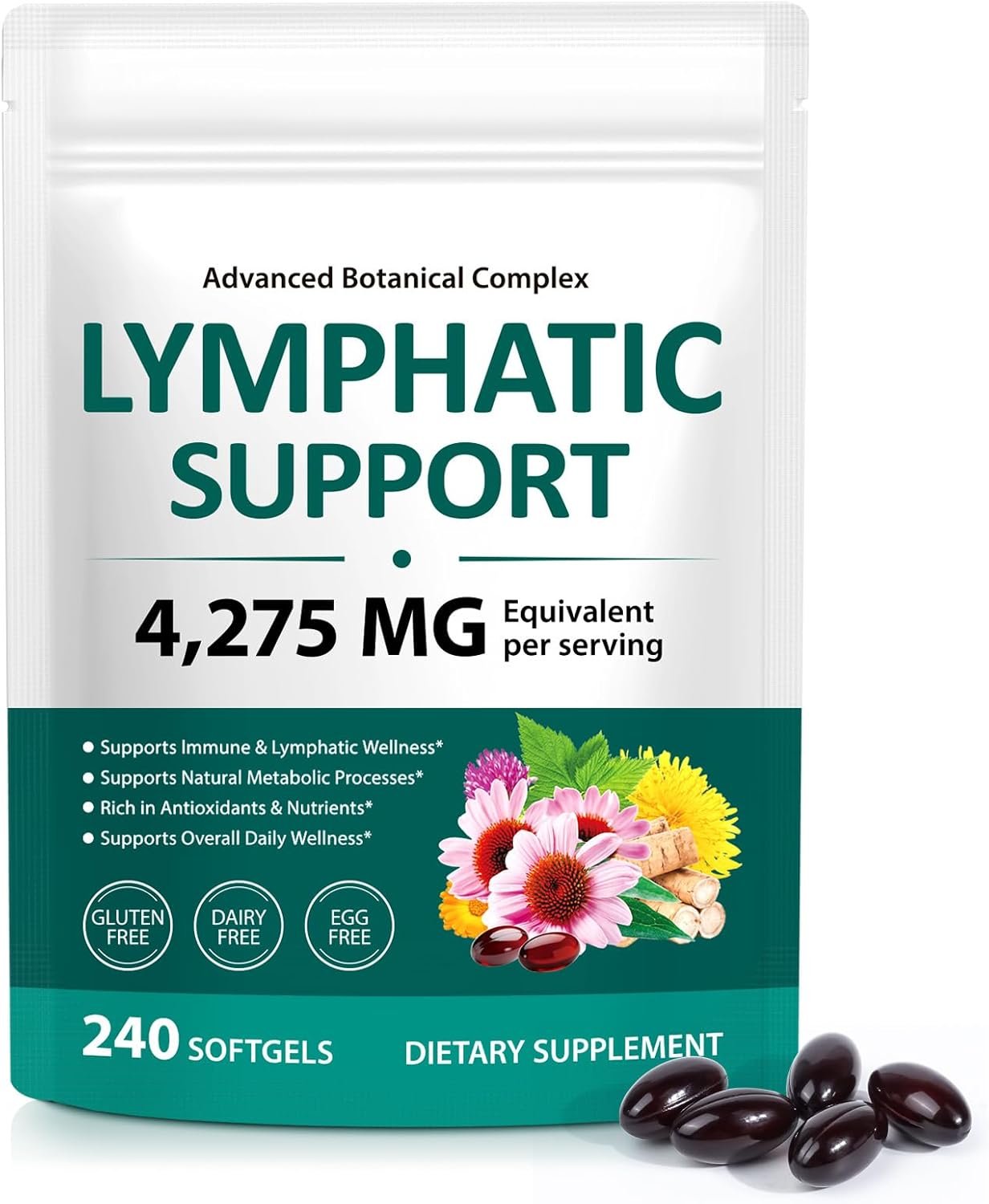 FANSHI Lymphatic Drainage Supplements 240 Softgels | Herbal Blend with Echinacea, Dandelion & Burdock Root | Promotes Healthy Circulation & Fluid Balance | Supports Overall Daily Wellness
