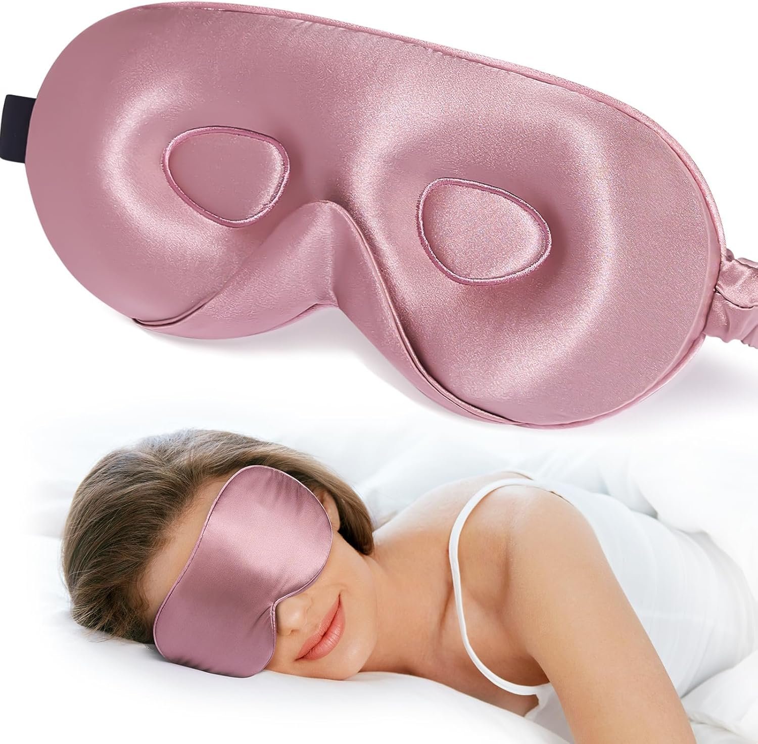 LitBear 100% 22 Momme Mulberry Silk Sleep Mask – 3D Contoured Eye Mask for Men Women, Soft Breathable Sleeping Mask with Adjustable Strap, Perfect Blocks Light for Sleeping (Bean Pink)
