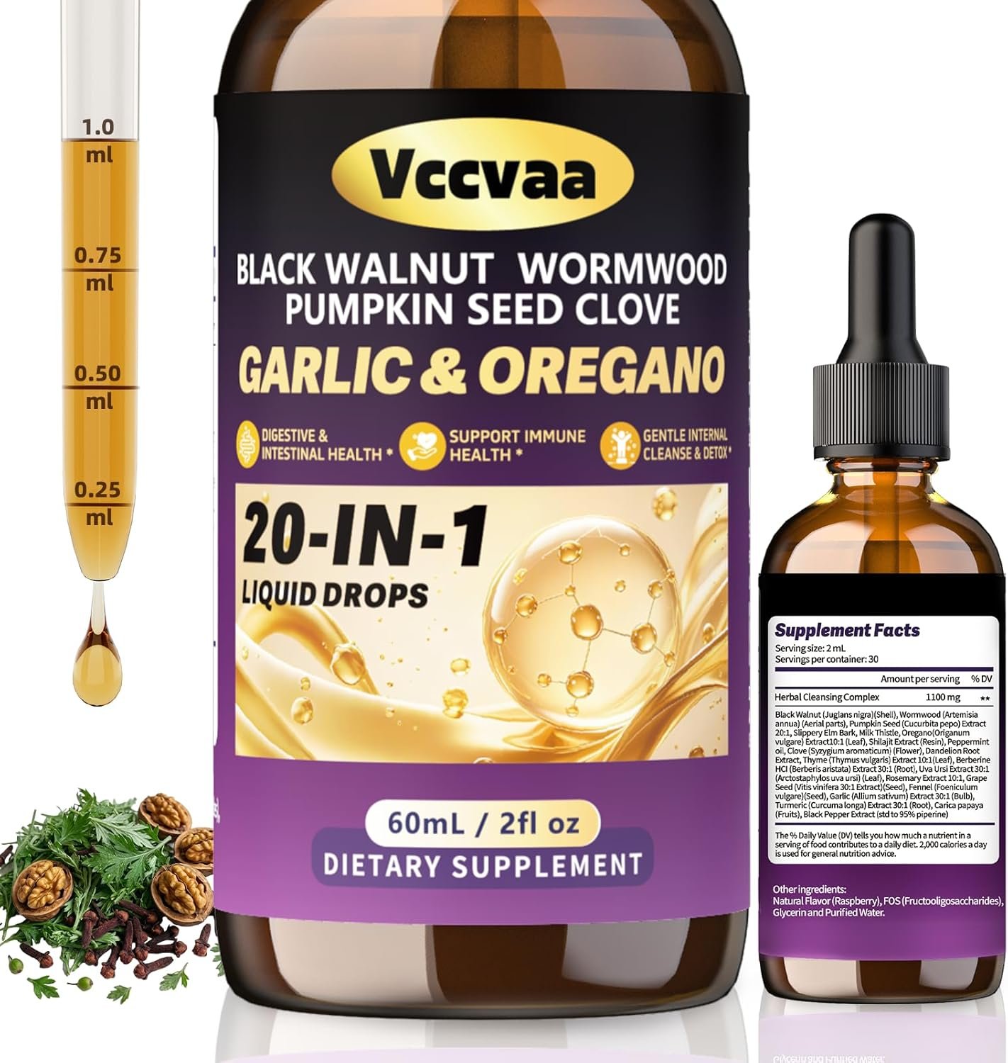 20-in-1 Wormwood Black Walnut Clove Parasite Cleanse | Wormwood, Pumpkin Seed & Oregano | Digestive & Intestinal Health Support | Immune System Booster | Gentle Internal Cleanse & Detox | 60 mL