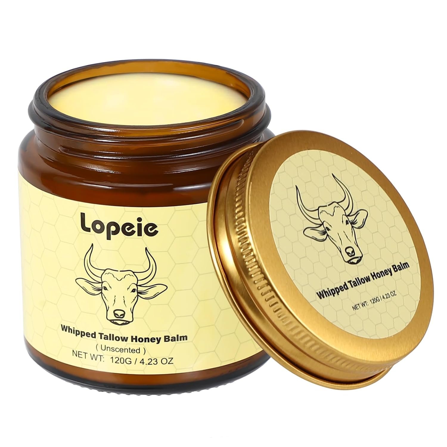 Lopeie Beef Tallow for Skin – Organic Grass Fed Whipped Moisturizer with Honey Balm, Natural Hydrating Cream for Face & Body, Relief for Dry & Sensitive Skin (4.23oz, Unscented)