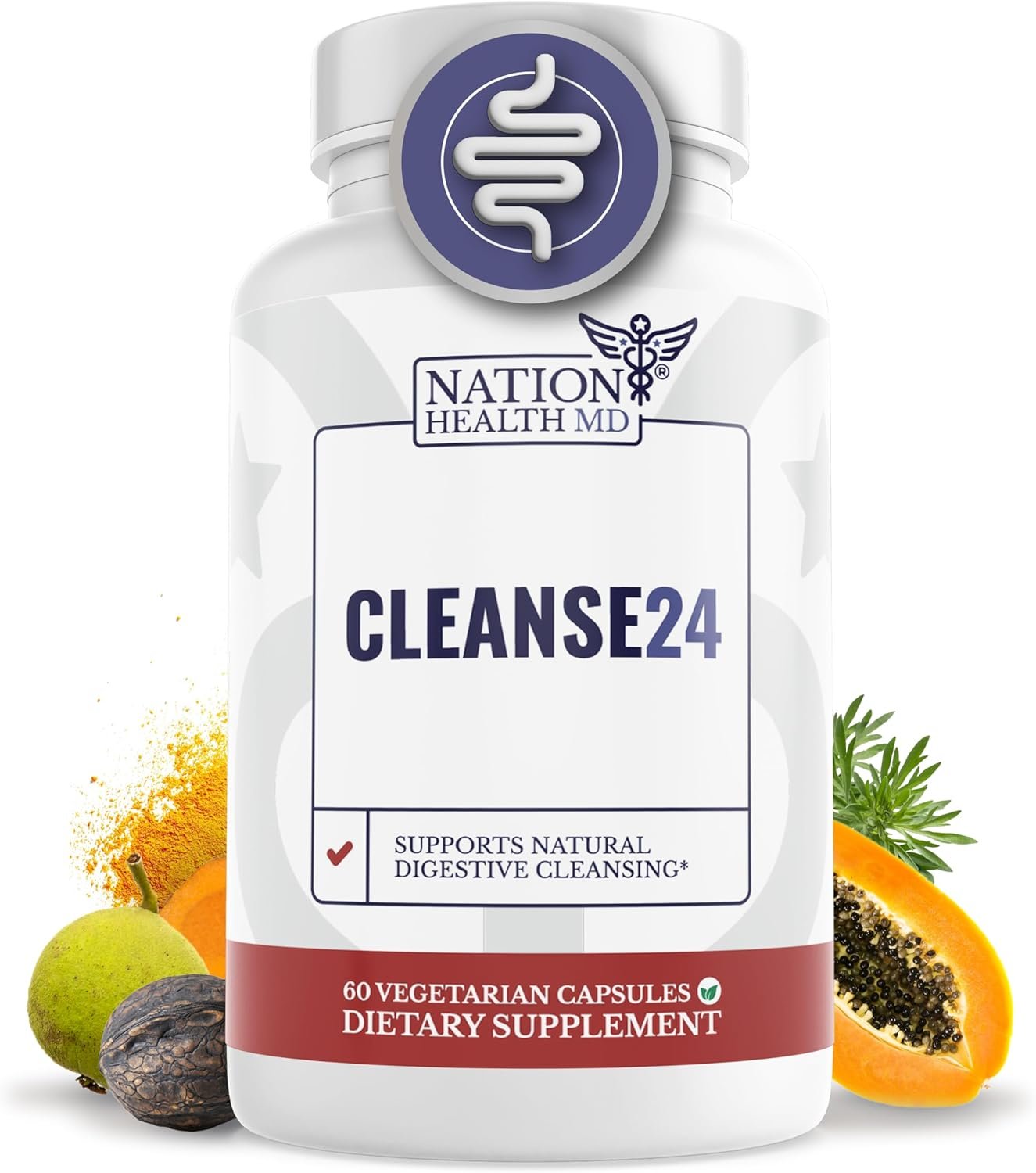 Cleanse24 – Intestinal Cleanse for Humans with Wormwood, Papaya, Black Walnut – Herbal Intestinal Cleanse, Gut Cleanse for Men & Women, 60 Capsules