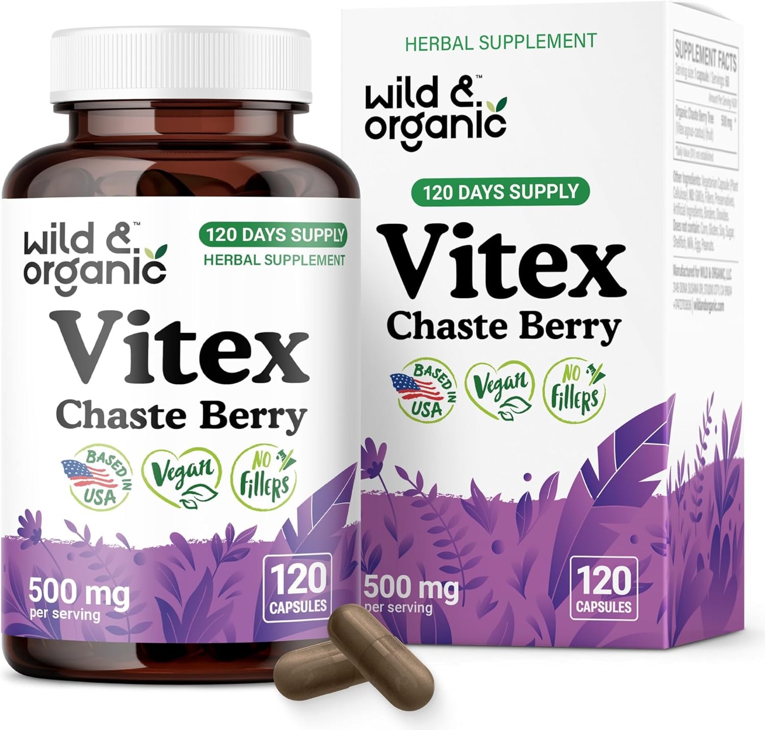 Wild & Organic Vitex Chasteberry Capsules – Peri Menopause Supplements for Women – Vitex Chasteberry Supplement for Women – 120 Days Supply – Chaste Tree Berry – Vegan, No Fillers, Non-GMO – 120 Count
