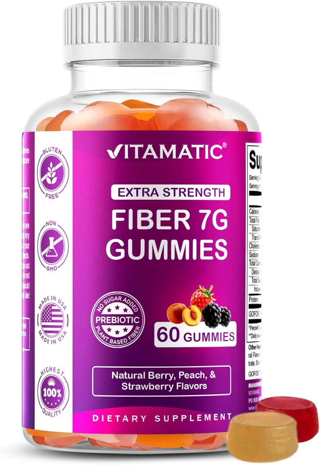 Vitamatic Prebiotic Fiber Gummies for Adults – 7g Fiber per Serving – 60 Pectin-Based Gummies Extra Strength, Zero Sugar Added – Supports Digestive Health & Regularity – Non-GMO, Vegan, Gluten-Free