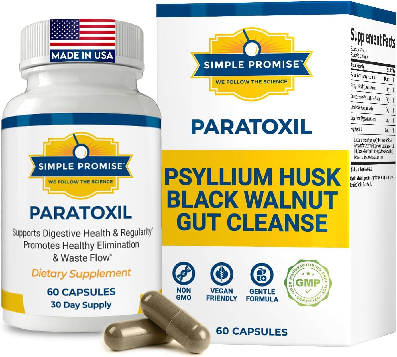 Paratoxil – Daily Gut Cleanse with Psyllium Husk Fiber & Black Walnut for Humans – with Slippery Elm, Aloe, Chlorella & Ginger – Natural & Plant-Based Cleanse – 60 Capsules