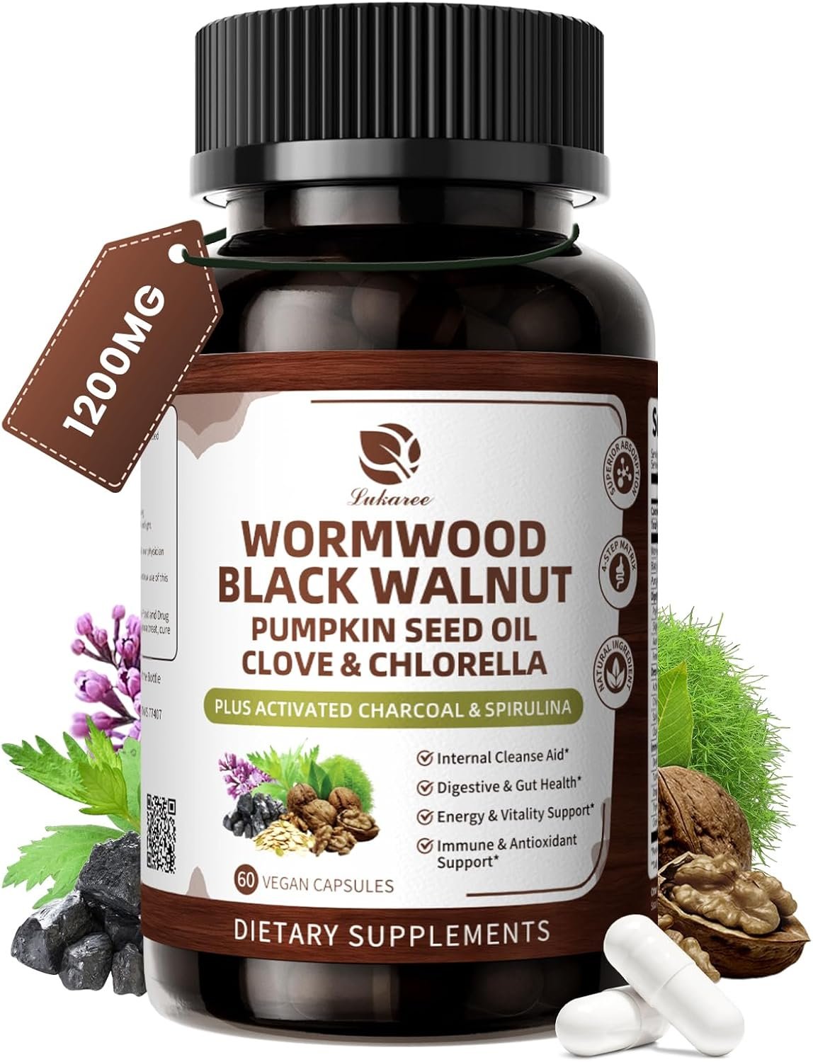 Lukaree Wormwood Black Walnut Cleanse for Human 1200mg – Ultra Gut Cleanse & Digestive Health w/Pumpkin Seed Oil,Clove,Activated Charcoal – for Men & Women Probiotic Capsules -Vegan,60 Count