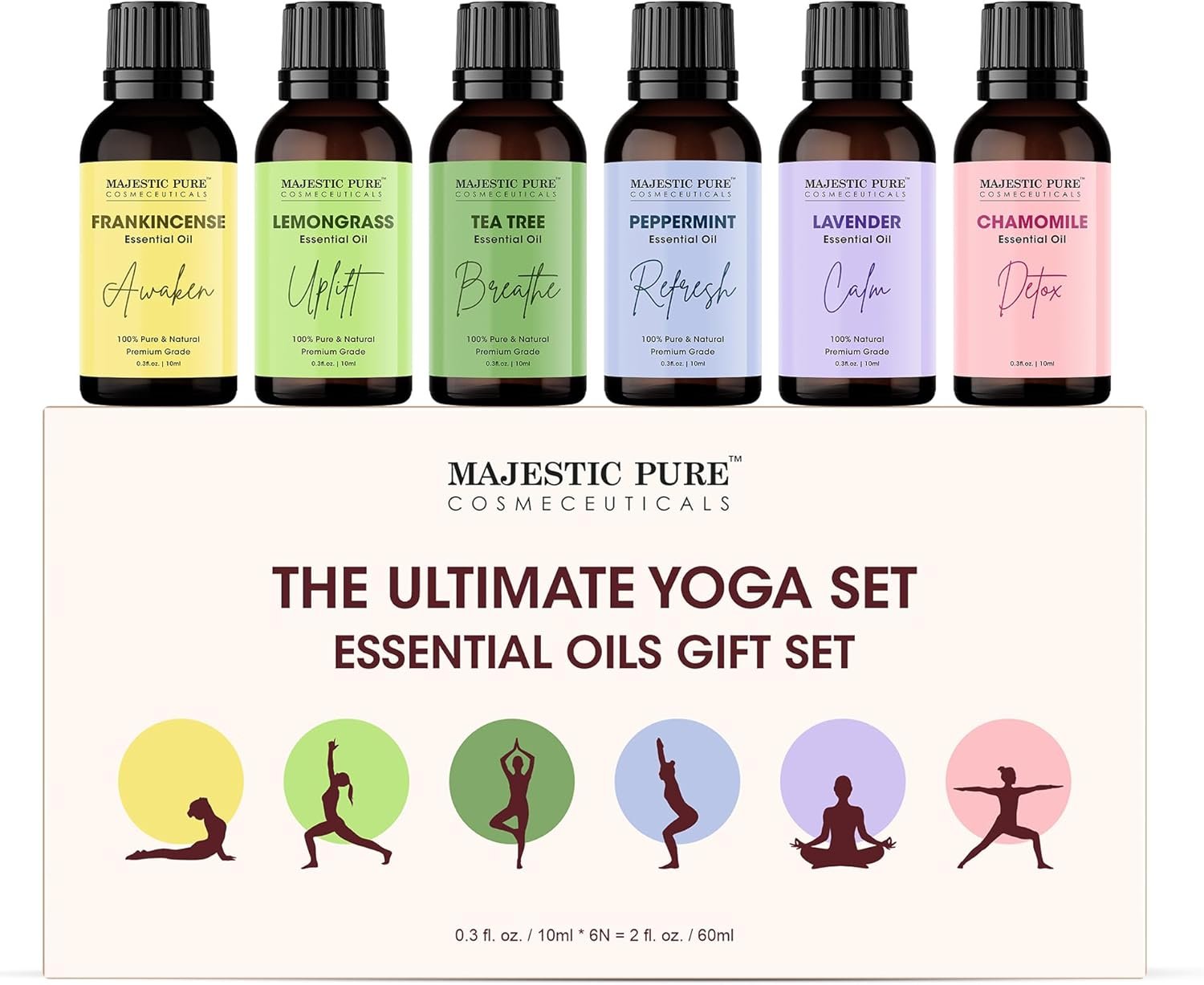 Majestic Pure, Yoga Essential Oil Gift Set | 100% Pure & Natural Set for Yoga, Meditation and Self-Care Rituals | Frankincense, Tea Tree, Lavender, Peppermint, Lemongrass, Chamomile – Pack of 6