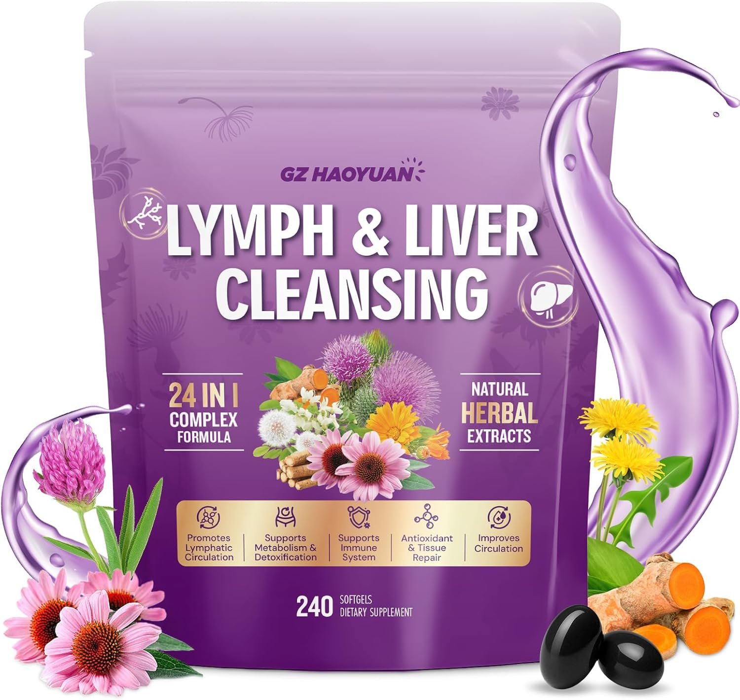 Lymphatic Drainage Supplement, Liver Cleanse Detox & Repair, 24-in-1 Herbal Blend with Echinacea, Dandelion, Burdock, Bromelain, Calendula, Turmeric – Lymph System Support, Less Bloating, 240 Softgels