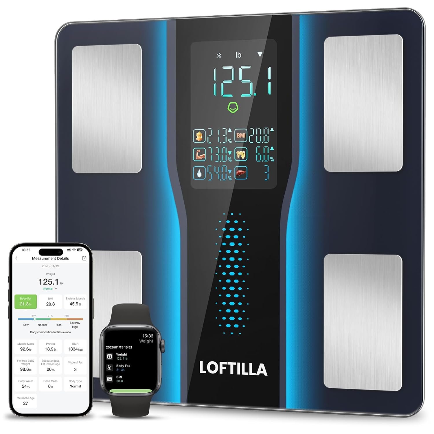 LOFTILLA Smart Scale for Body Weight, Accurate Scale with BMI Body Fat Muscle Mass, 8-in-1 Large Display, Digital Bathroom Scales for 14 Body Composition Metrics, Sync with Fitness App