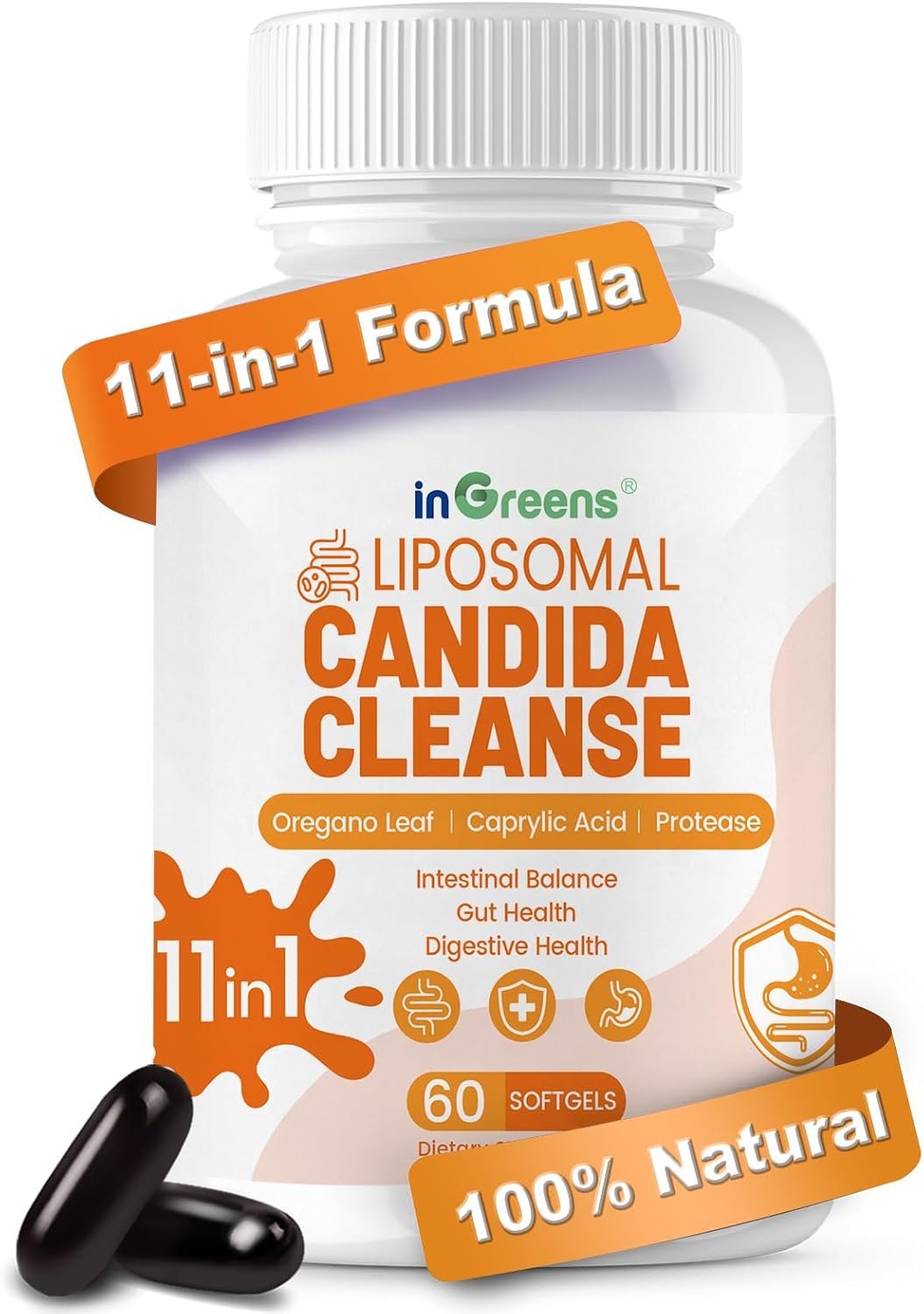 inGreens 11-in-1 Candida Support Supplement, Antifungal Overgrowth, Intestinal Detox & Gut Health for Women & Men, Balance Probiotic, Natural Herbal Oregano & Caprylic Acid Softgels, 60 Count