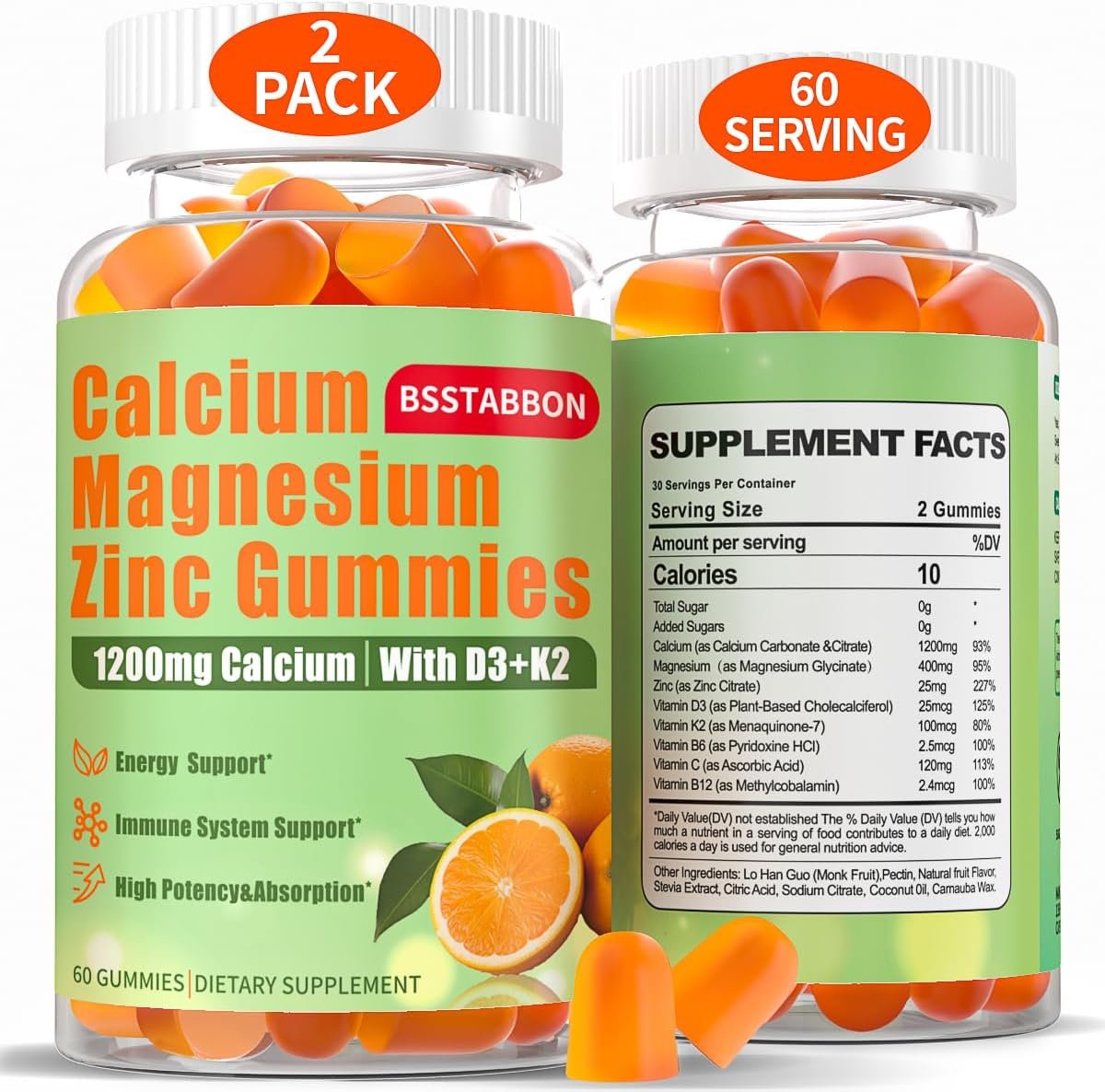 Calcium Magnesium Zinc Gummies for Adult: 1200mg Calcium Citrate 400mg Magnesium Glycinate with D3 B12 – Sugar Free High Absorption Supplement for Women Men (60 Count(Pack of 2))