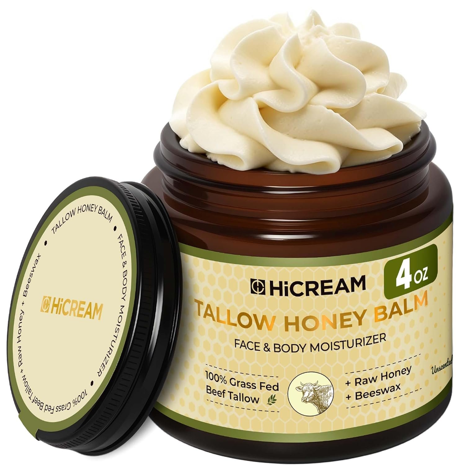 Hicream Beef Tallow for Skin, Beef Tallow and Honey Balm, 100% Organic Grass-Fed Beef Tallow, Face & Body Moisturizer for Dry, Cracked, Sensitive Skin – Handmade – Natural Formula (4 Oz, Unscented)