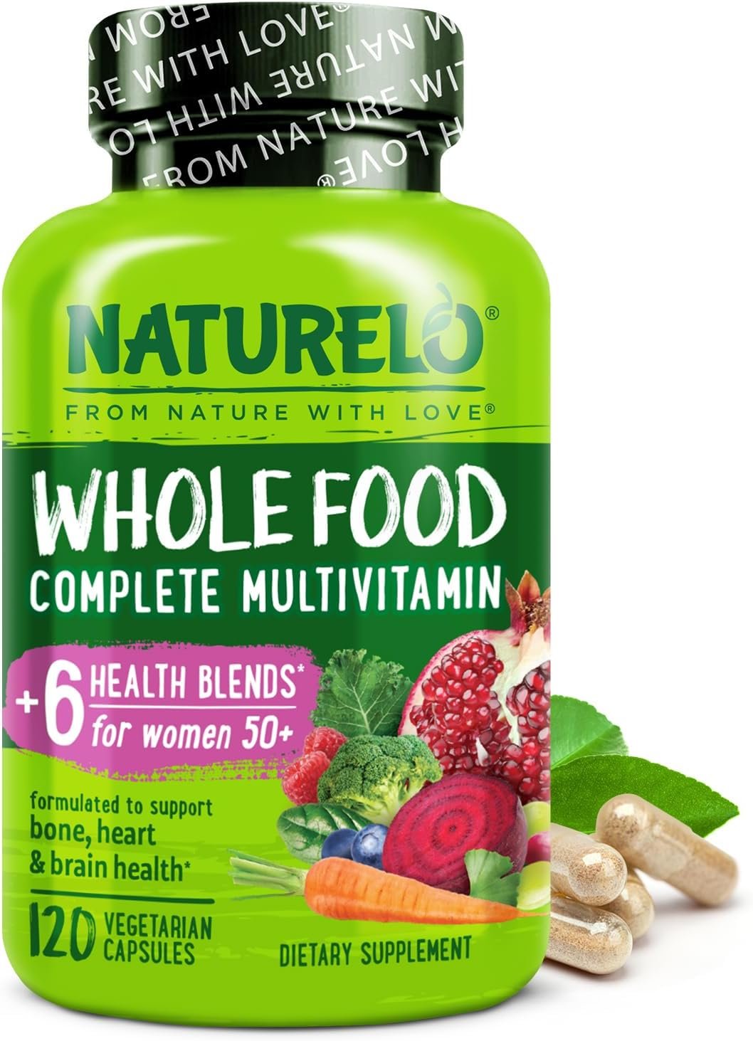NATURELO Whole Food Multivitamin for Women 50+ (Iron Free) with Vitamins, Minerals, & Organic Extracts – Supplement for Post Menopausal Women Over 50 – No GMO – 120 Vegan Capsules