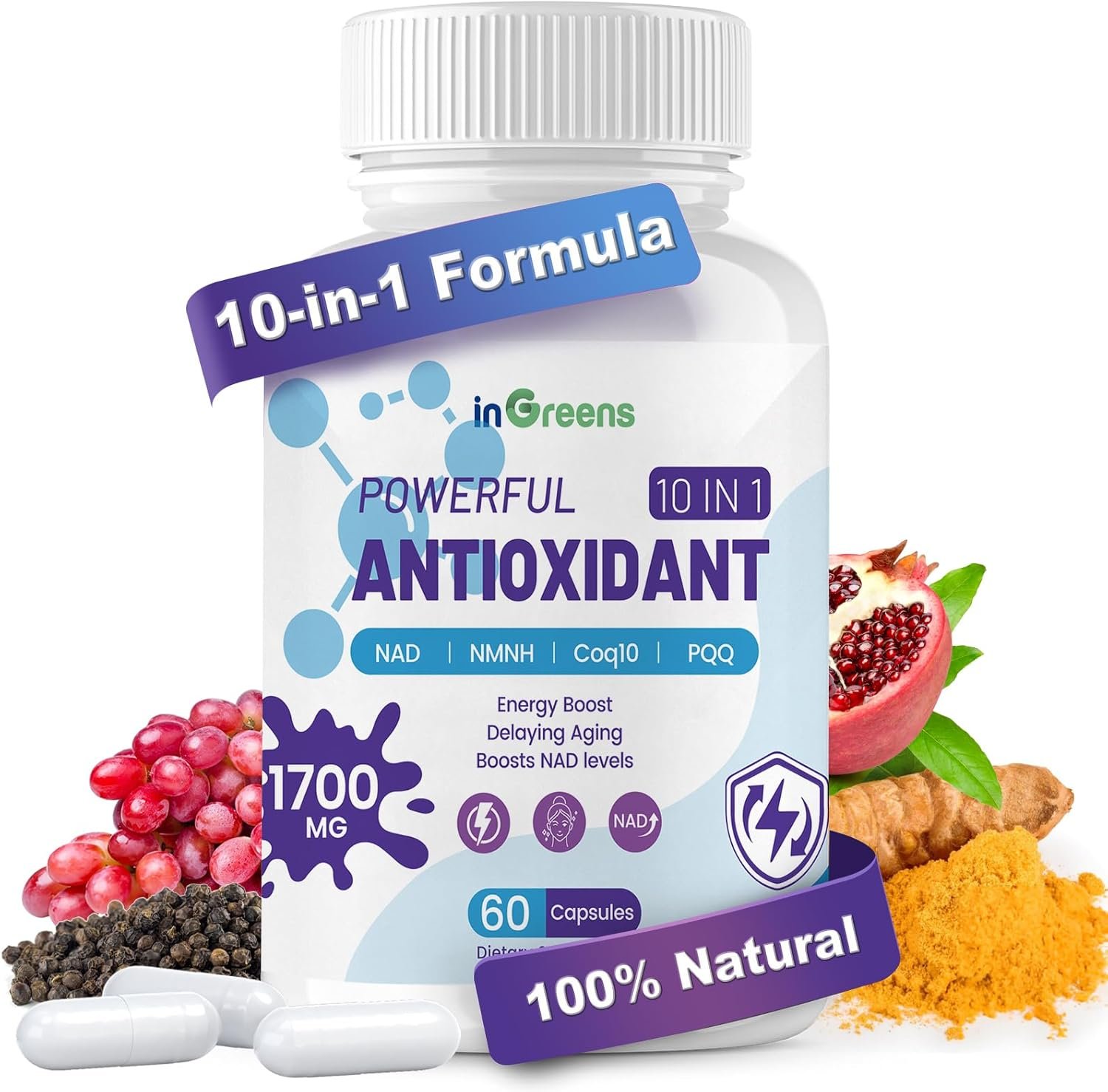 inGreens 10-in-1 Antioxidants Supplement, 1700MG Super Antioxidant for Women and Men, Powerful Antioxidants with NAD, NMNH,Coq10, Resveratrol, Cell Repair & Reducing Free Radical Damage, 60 Capsules