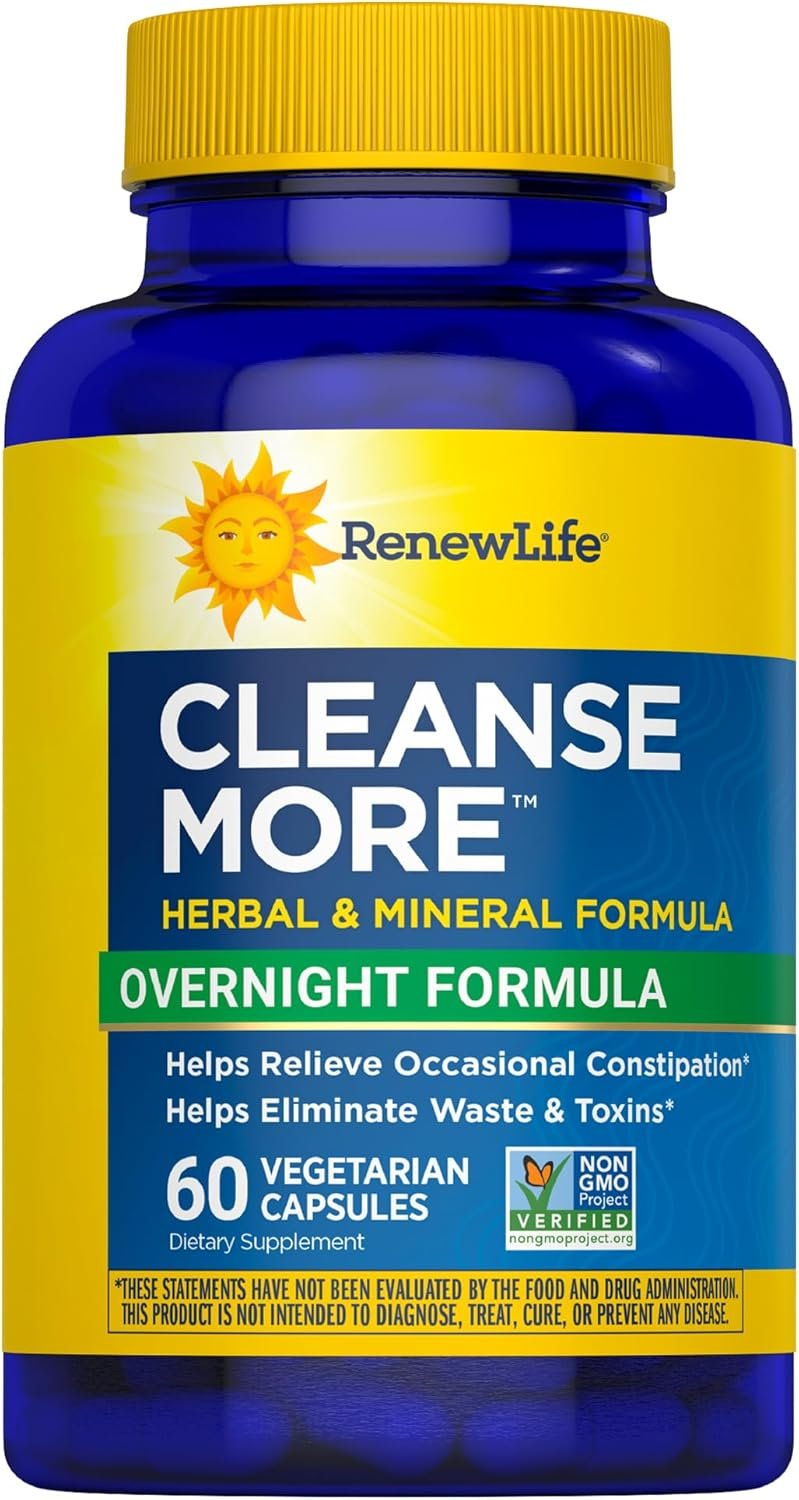Renew Life Cleanse More Herbal Formula with Magnesium for Overnight Occasional Constipation Relief; Helps Promote Waste and Toxin Elimination; Gluten, Dairy and Soy Free; 60 Vegetarian Capsules